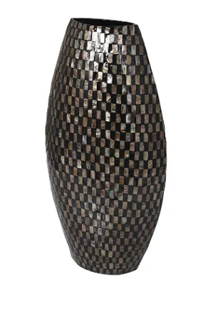 BLACK MOTHER OF PEARL HANDMADE GEOMETRIC MOSAIC INSPIRED THIN VASE, 12" X 5" X 24"