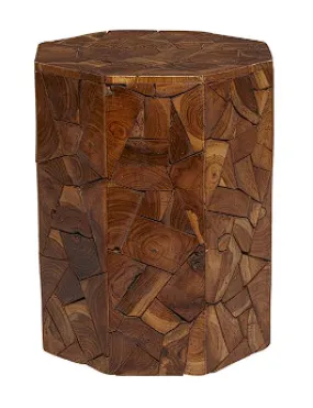 BROWN TEAK WOOD HANDMADE ACCENT TABLE WITH MOSAIC WOOD CHIP DESIGN, 13" X 13" X 17"