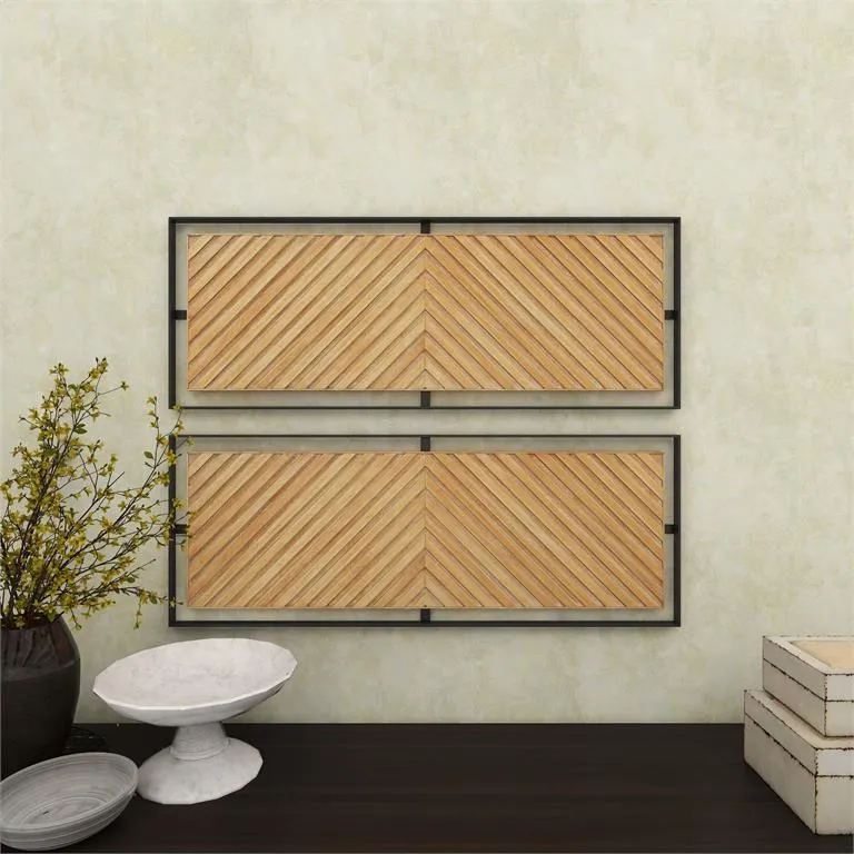 BROWN WOOD GEOMETRIC LINEAR CARVED WALL DECOR WITH BLACK FRAME