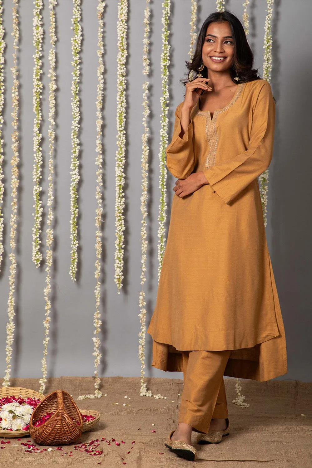 Chand Handcrafted Dull Gold Kurta Pant with Organza Silk Dupatta - Set of 3