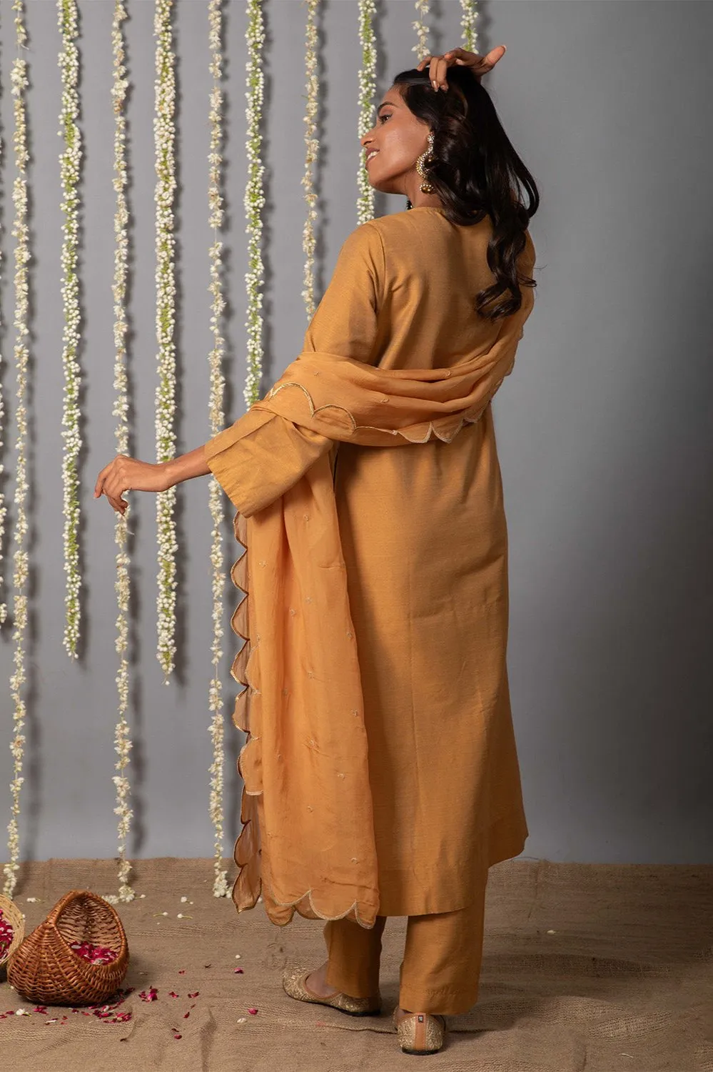 Chand Handcrafted Dull Gold Kurta Pant with Organza Silk Dupatta - Set of 3