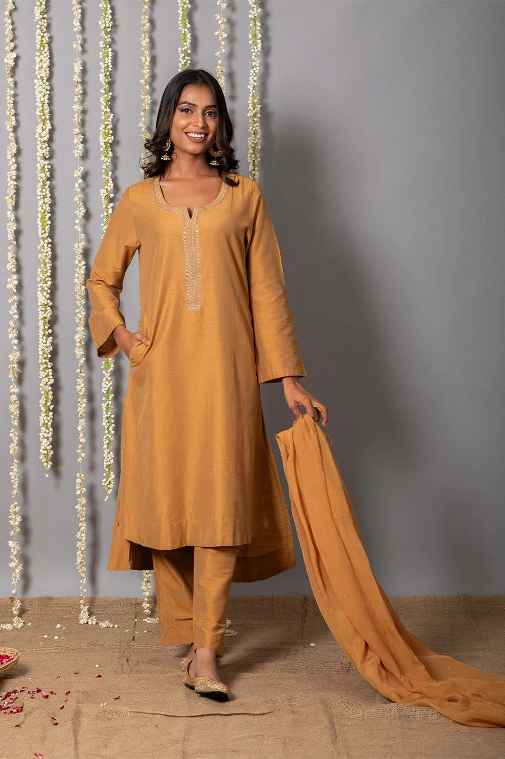 Chand Handcrafted Dull Gold Kurta Pant with Organza Silk Dupatta - Set of 3