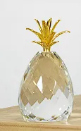 CLEAR CRYSTAL FRUIT FACETED PINEAPPLE SCULPTURE WITH GOLD LEAVES