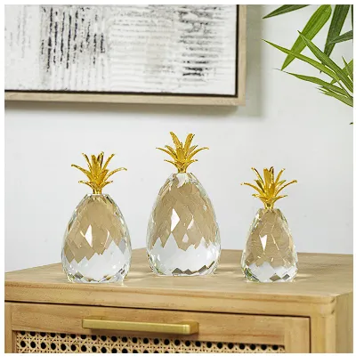 CLEAR CRYSTAL FRUIT FACETED PINEAPPLE SCULPTURE WITH GOLD LEAVES