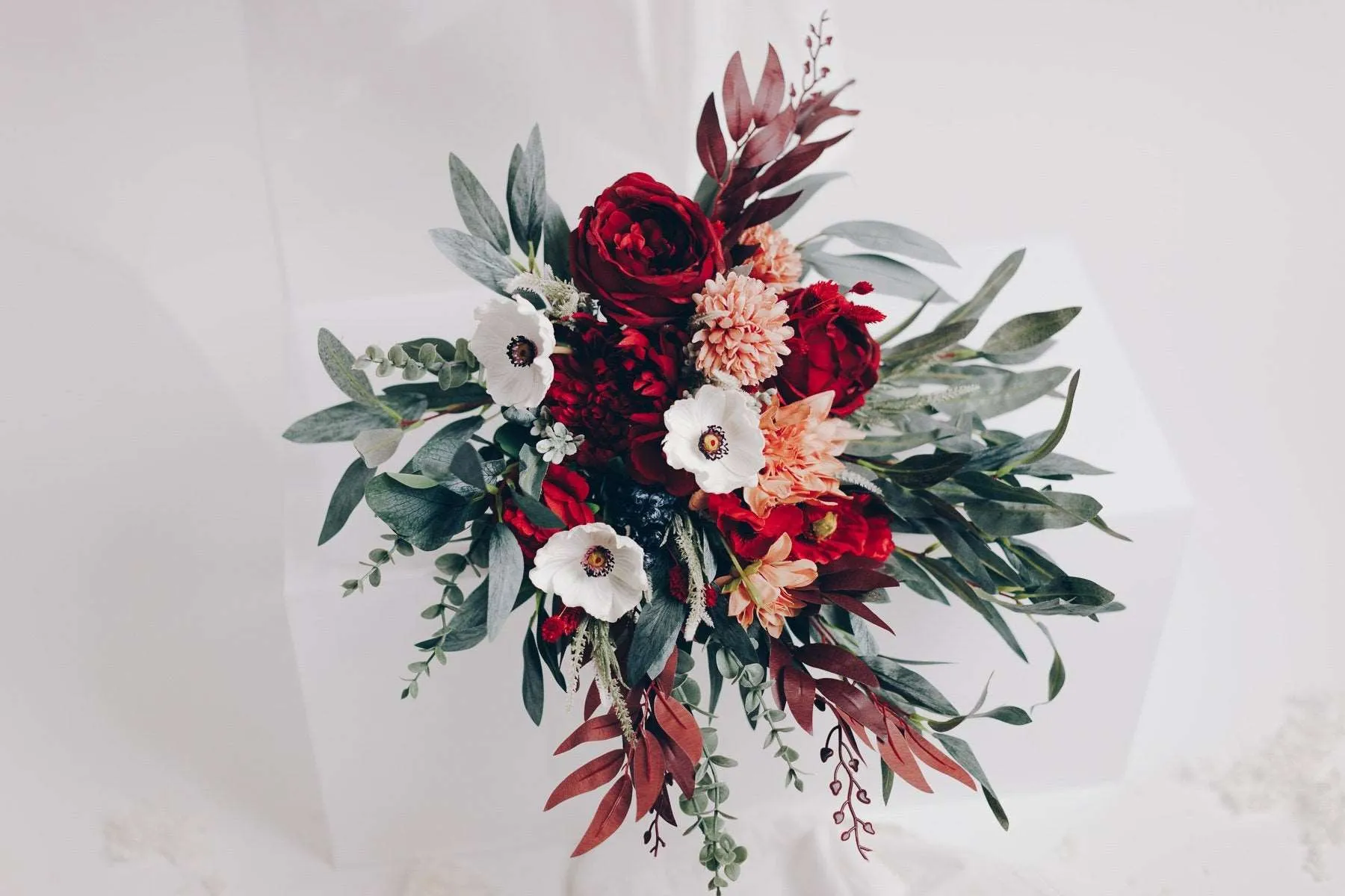 Colourful Artificial Flowers Bridal Bouquet - Burgundy Red & Peach