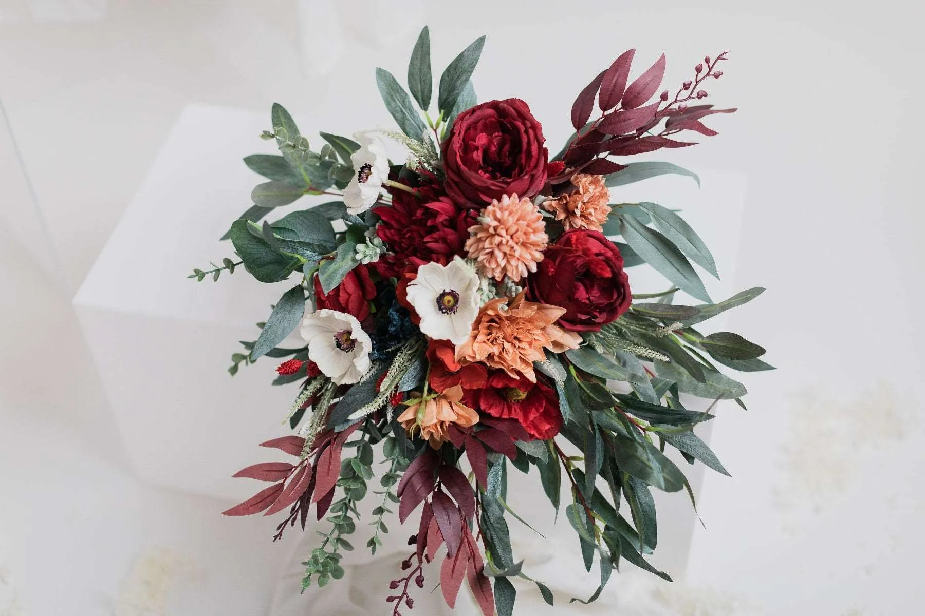 Colourful Artificial Flowers Bridal Bouquet - Burgundy Red & Peach