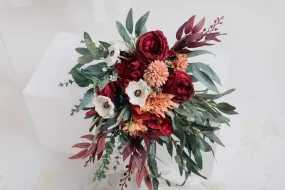 Colourful Artificial Flowers Bridal Bouquet - Burgundy Red & Peach