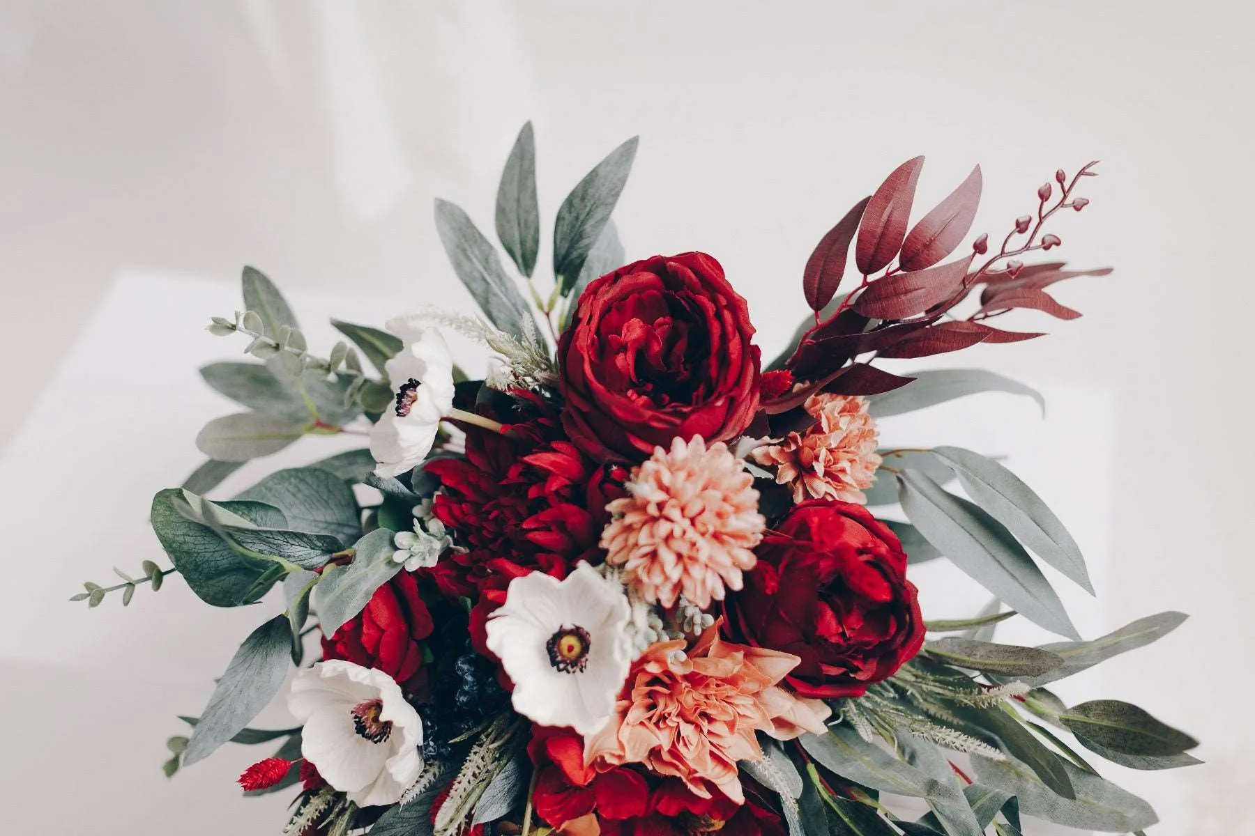 Colourful Artificial Flowers Bridal Bouquet - Burgundy Red & Peach