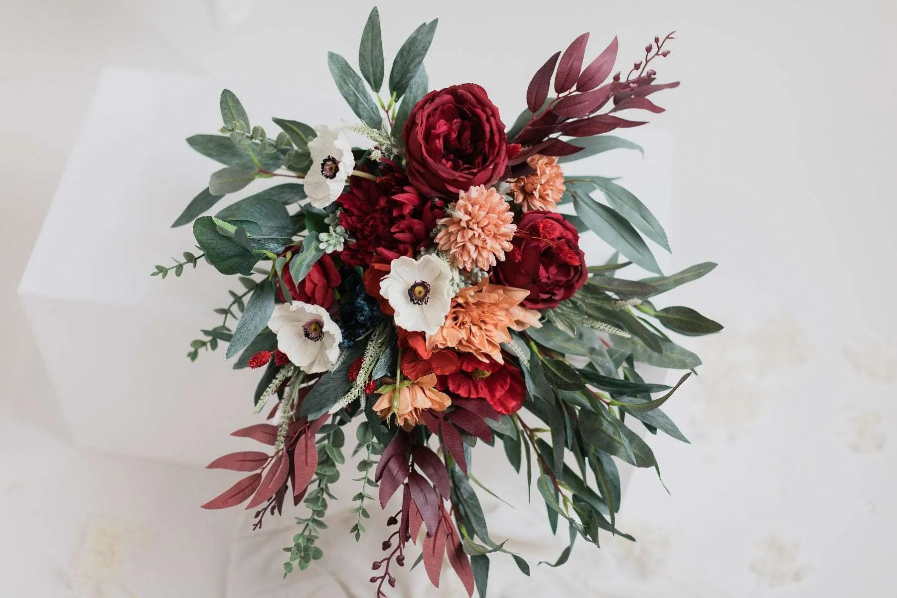 Colourful Artificial Flowers Bridal Bouquet - Burgundy Red & Peach