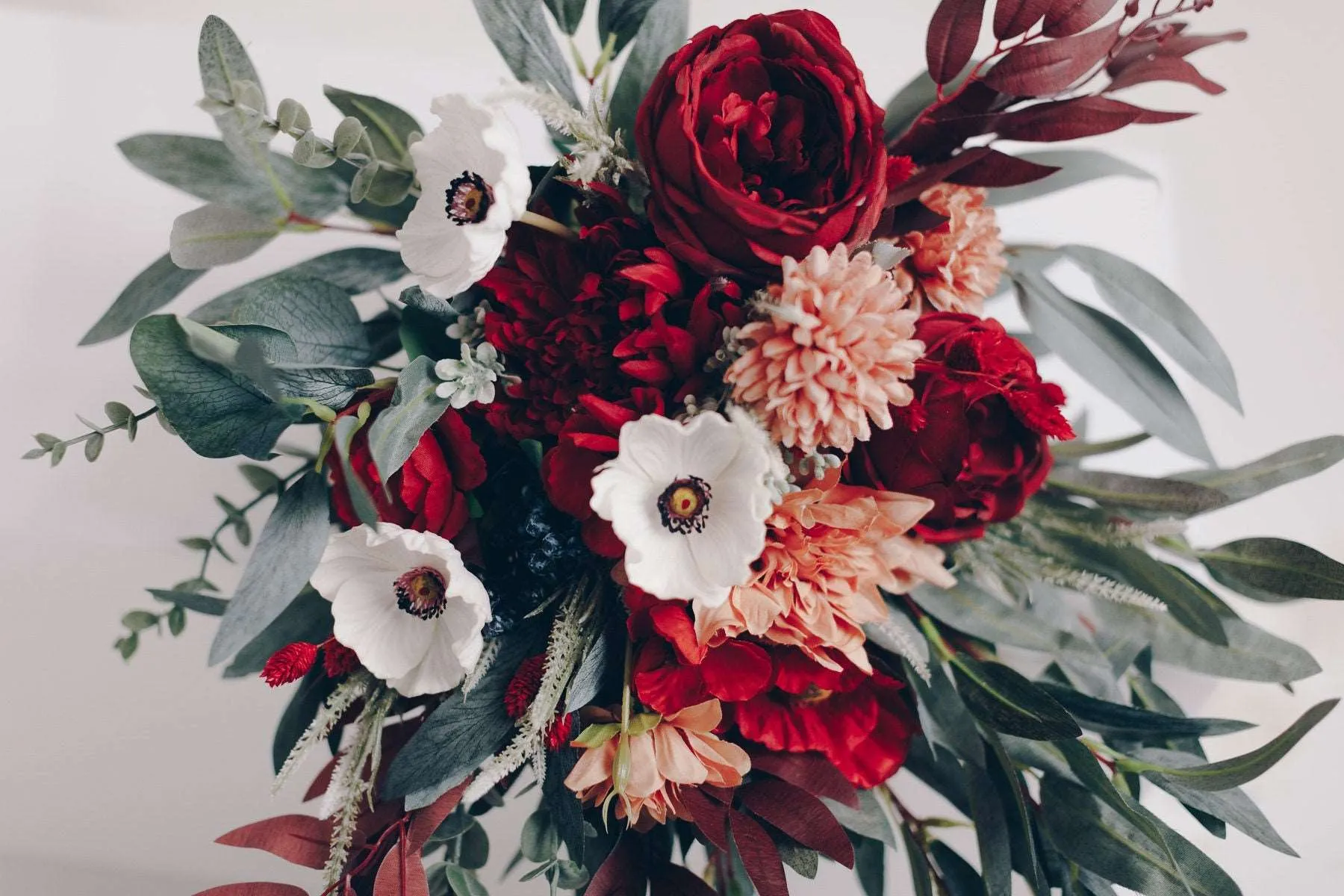 Colourful Artificial Flowers Bridal Bouquet - Burgundy Red & Peach