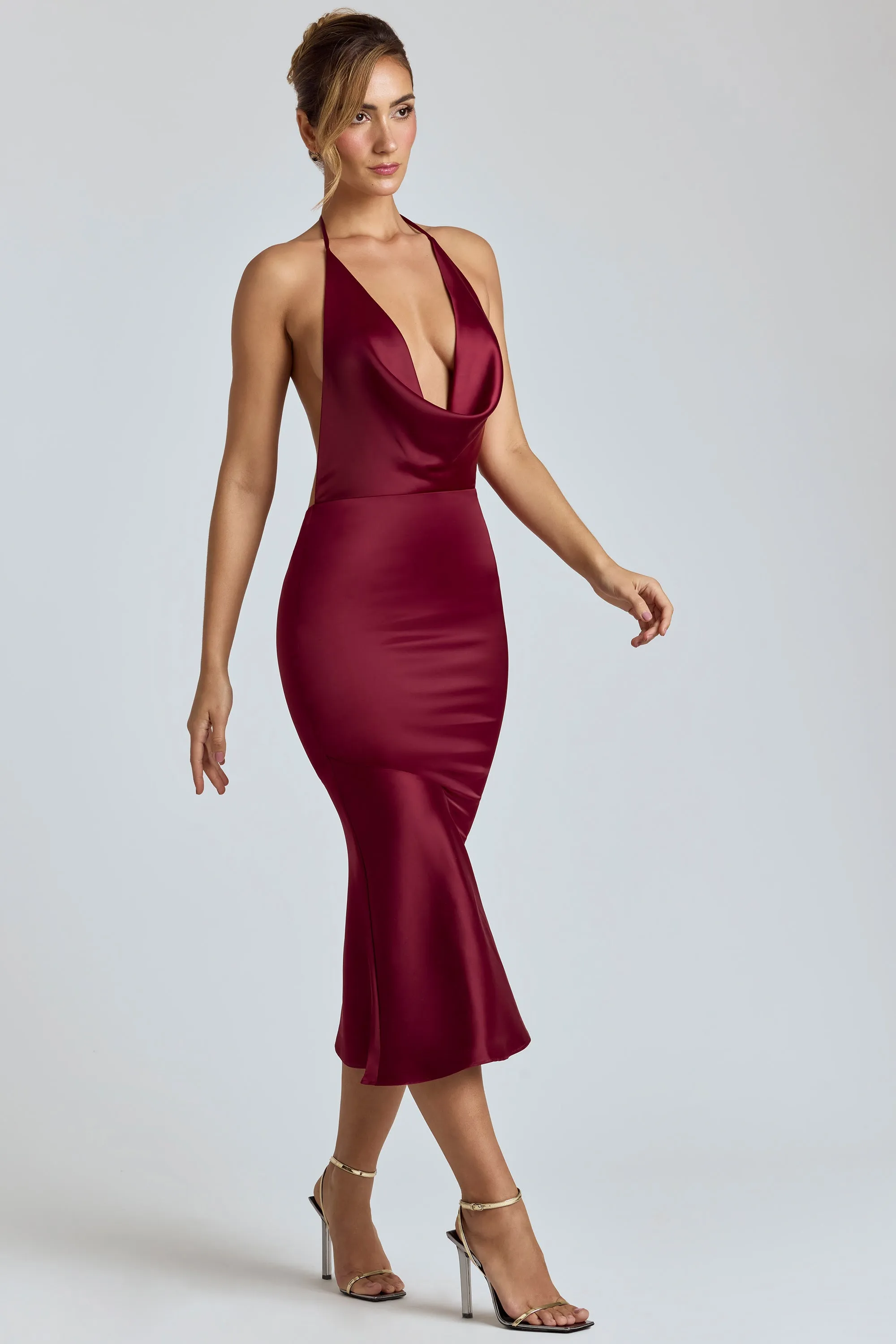 Cowl-Neck Satin Midaxi Dress in Burgundy