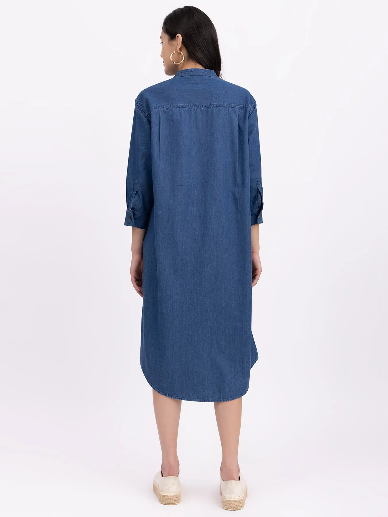 Denim Mandarin Collar Dress - Navy