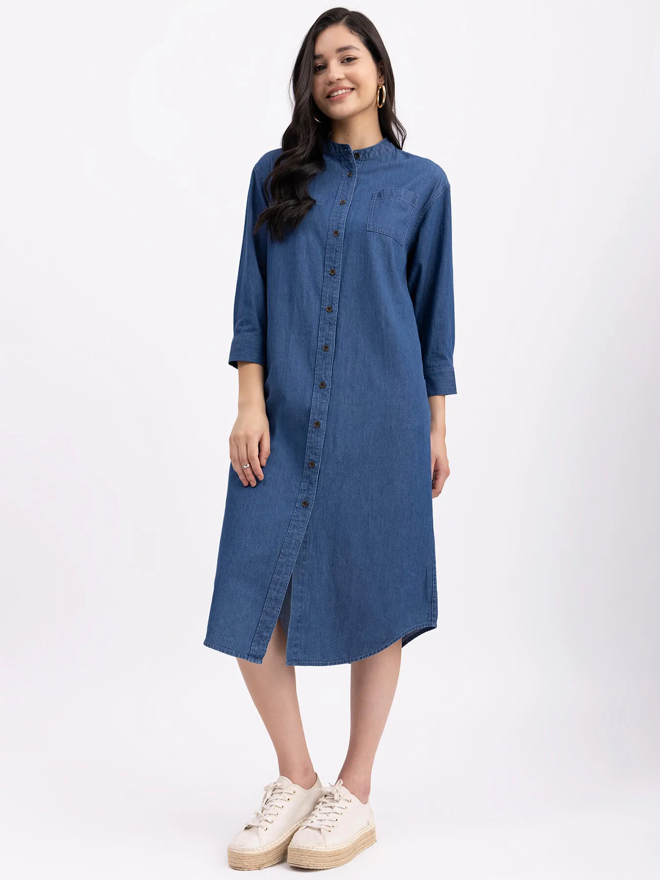 Denim Mandarin Collar Dress - Navy