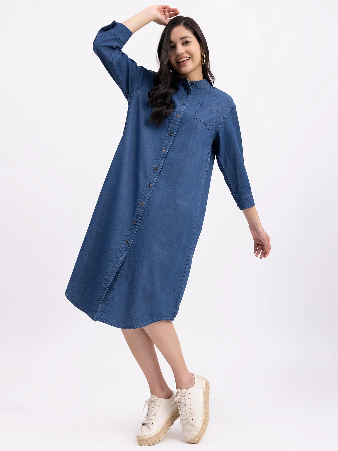 Denim Mandarin Collar Dress - Navy