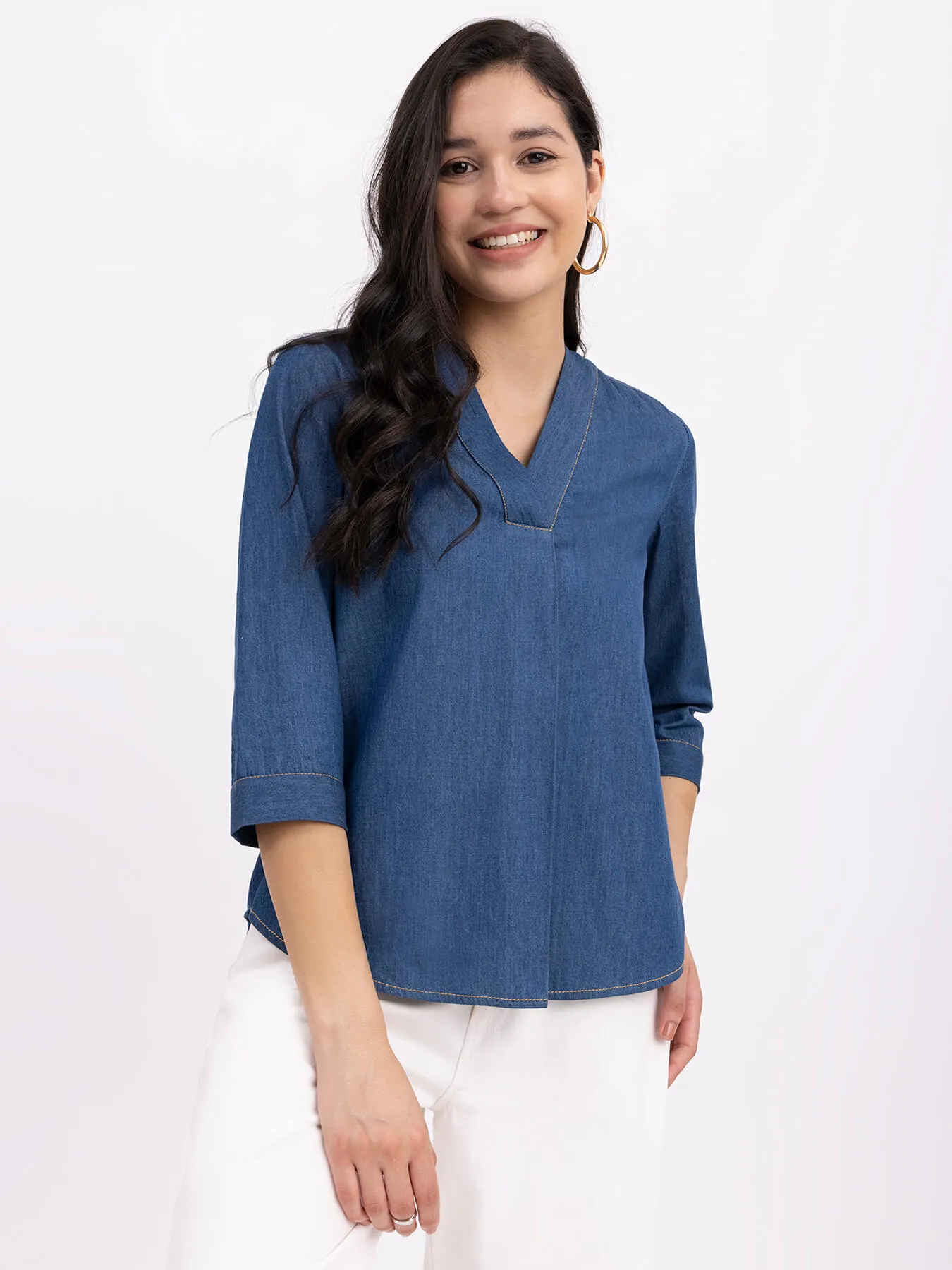 Denim V-Neck Top - Navy Blue