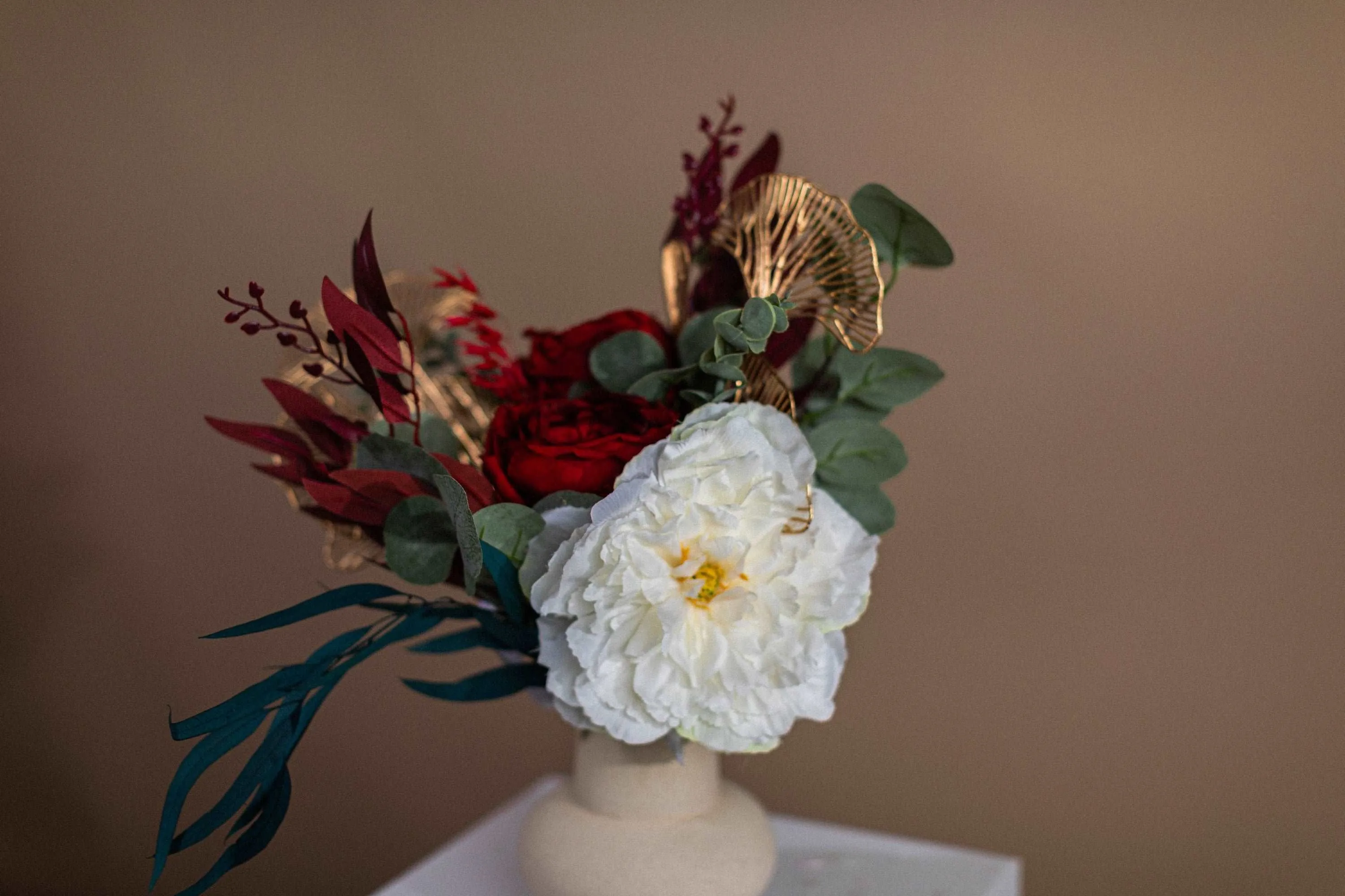 Dried & Artificial Flowers Brial Bouquet - Burgundy Red & Green