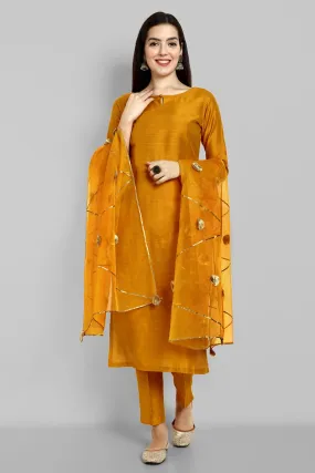 Key hole Goldenrod Mustard Boat Neck Style with elasticated pant and Organza Dupatta - Set of 3