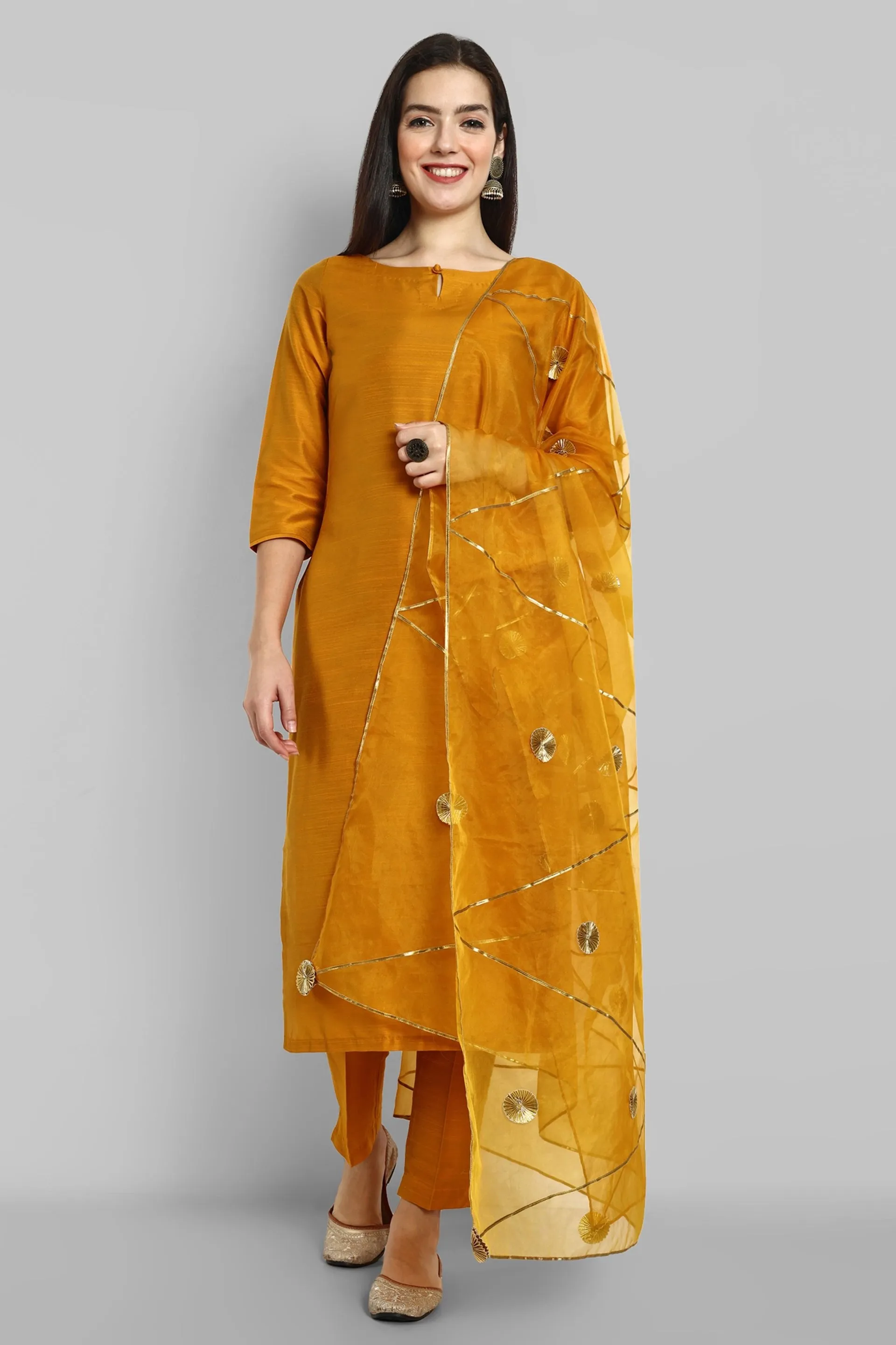 Key hole Goldenrod Mustard Boat Neck Style with elasticated pant and Organza Dupatta - Set of 3