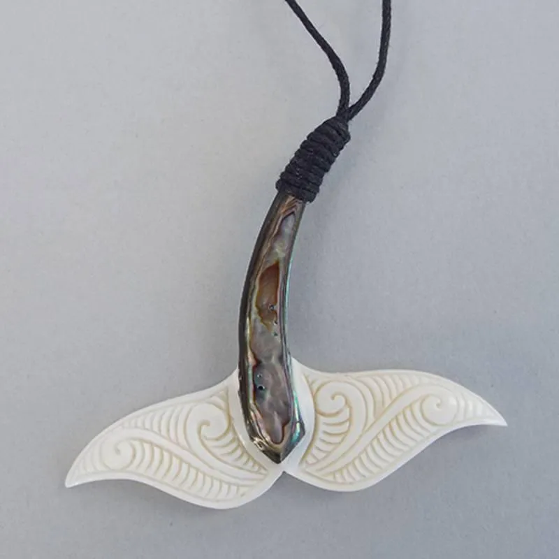 Maori Bone and Paua Whale Tail Necklace