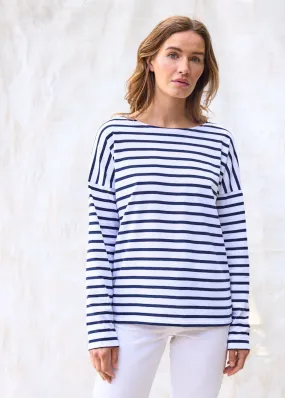 MINQUIERS DROP II - Drop-Shoulder Breton Striped Shirt | Soft Cotton | Straight Fit (WHITE / NAVY)