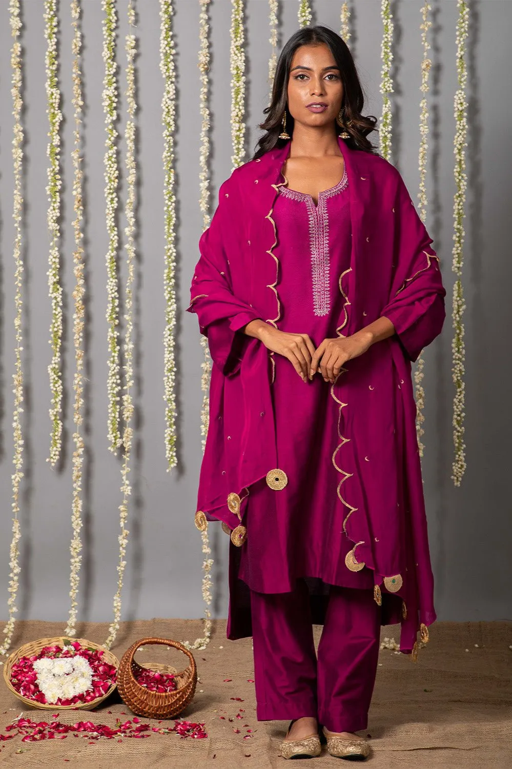 Wine Purple Cotton silk Kurta with Organza Silk Dupatta - Set of 3