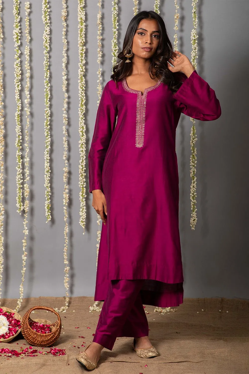 Wine Purple Cotton silk Kurta with Organza Silk Dupatta - Set of 3