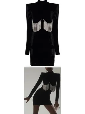 Women’s Black Velvet Crystal-Embellished Mini Dress